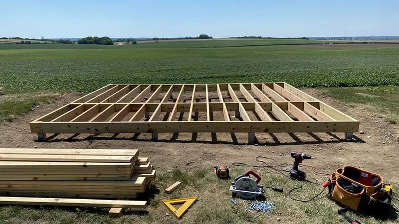Deck framing in progress on a flat rural lot near De Kalb, MO